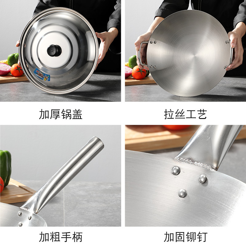 Acero inoxidable sola manija wok hierro frito en caliente sartén grande multiusos frito trípode fondo redondo cocina comercial restaurante cantina WOK