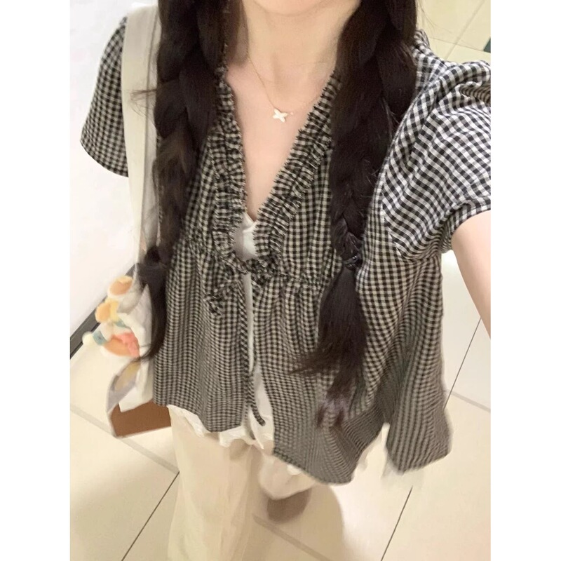 Korean-Style Fake Two-Piece Plaid Patchwork Lace Collar Tie-Up Shirt for Women, Summer Slimming and Age-Reducing Top