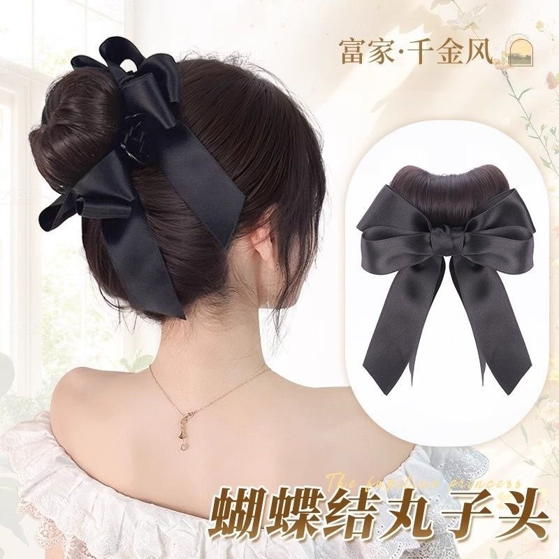 Wig Clip for Women's Bun with Bow, Natural Fluffy High Ponytail, Faux Hair Bun Wig