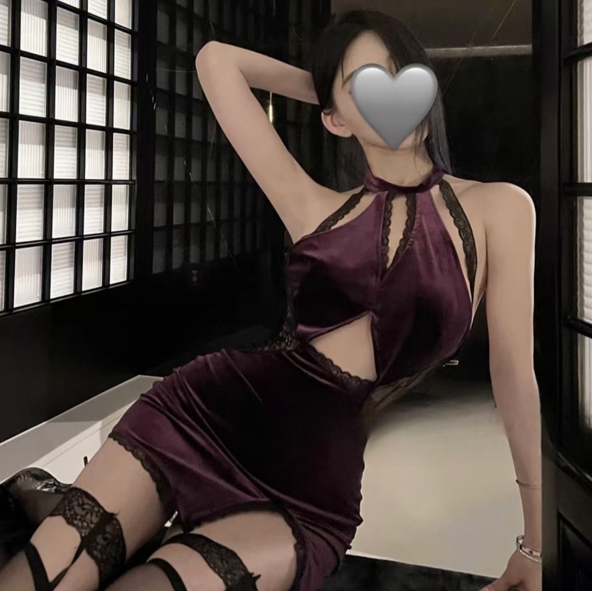 Hollow-Out Halter Cheongsam Costume Set with Purple Stockings, Polyester Uniform Pajamas — detail image 3