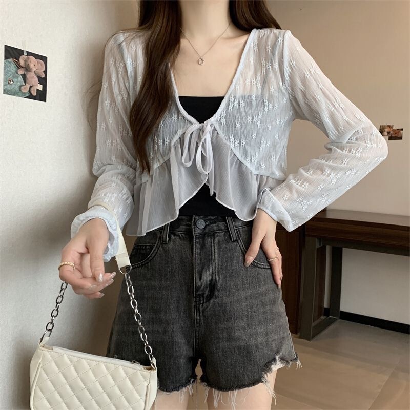 Thin Lace Sun Protection Blouse for Women 2025 Summer Ruffled Lace-Up Outerwear Knitted Cardigan Versatile