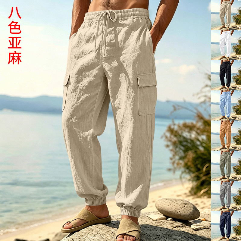 Cross-Border American-Style Linen Long Pants for Men, Summer Casual Loose Multi-Pocket Light Luxury Outdoor Workwear Sports Pants for Men