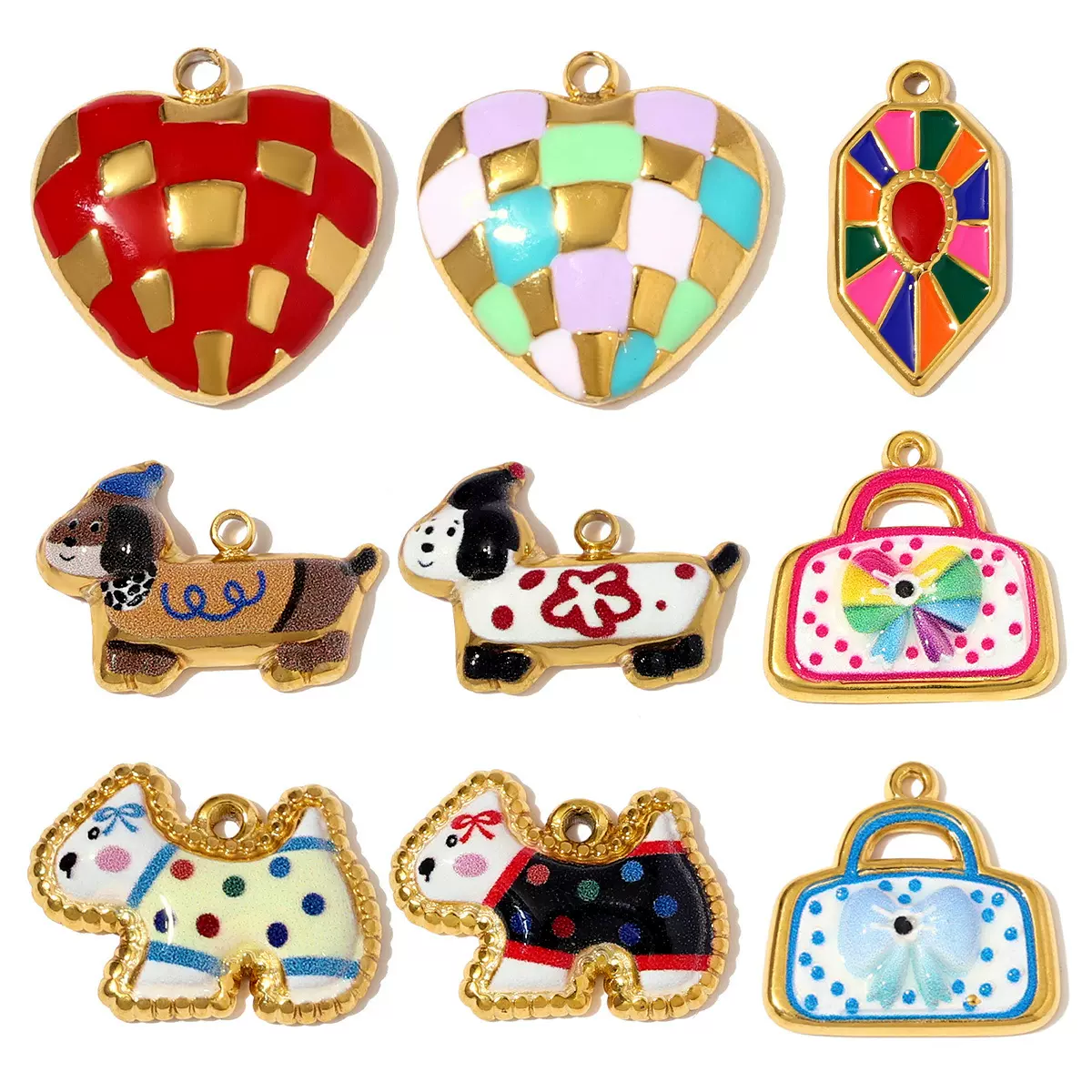 欧美风可爱小狗小猫diy不锈钢吊坠女手提包菱形耳环钛钢饰品挂坠