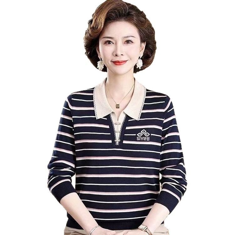 秋季新款妈妈装2025翻领长袖T恤洋气时尚显瘦减龄条纹上衣小衫|undefined