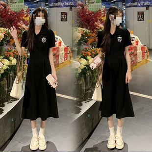Polo Collar Little Black Skirt Summer Sweet Retro Fashion Belly-Covering Slim Dress Mid-Length Over-The-Knee Long Skirt for Women