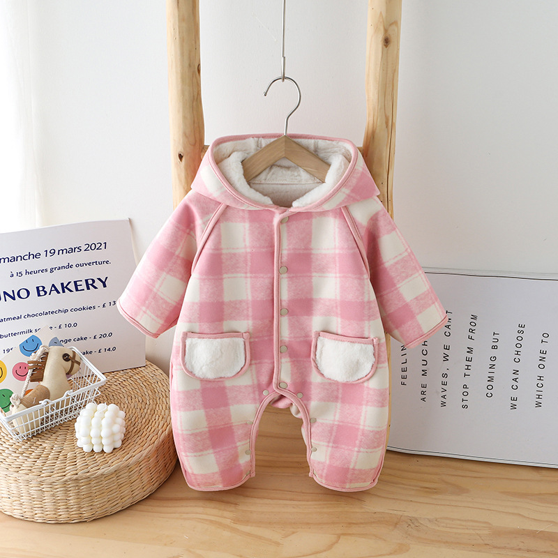 Baby Girl Winter Onesie with Korean-Style Plaid and Fleece for Infants and Toddlers, Newborn Fall/Winter Outfit for Crawling