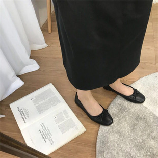 Soft Leather Slip-on Milk Shoes Women's Vintage Round Toe Shallow Mouth Single-layer Shoes Women's Flat Bow Bean Shoes Fairy Soft Bottom