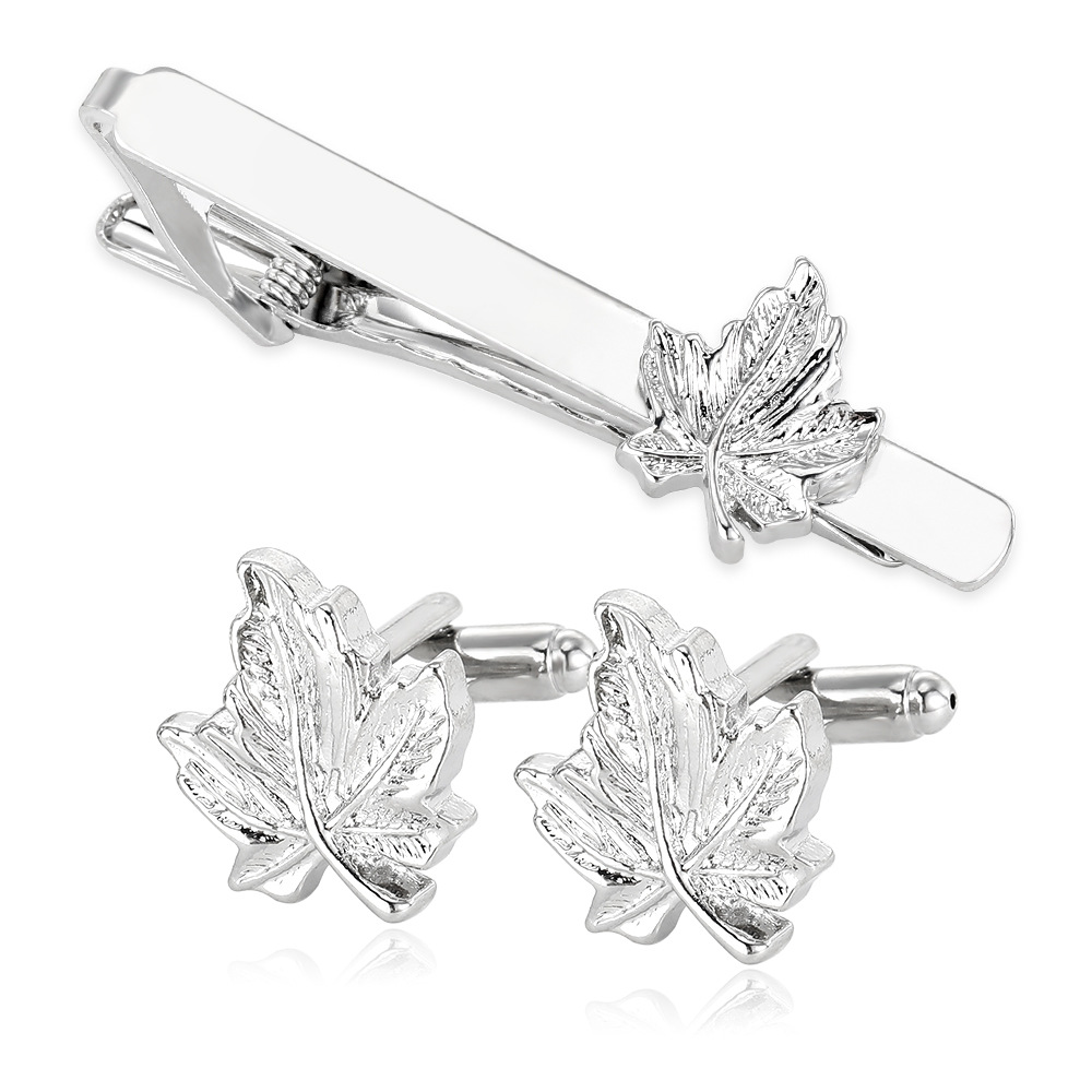 fashion silver maple leaf cufflinks men's business French shirt cuff nails tie clip set accessories gift box_voghion.com