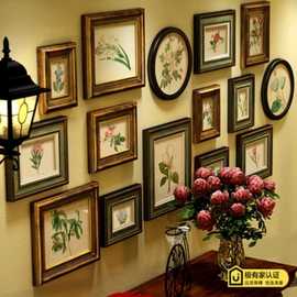 轻奢美式乡村照片墙免打孔欧式实木相框挂墙上客厅装饰复古相片墙