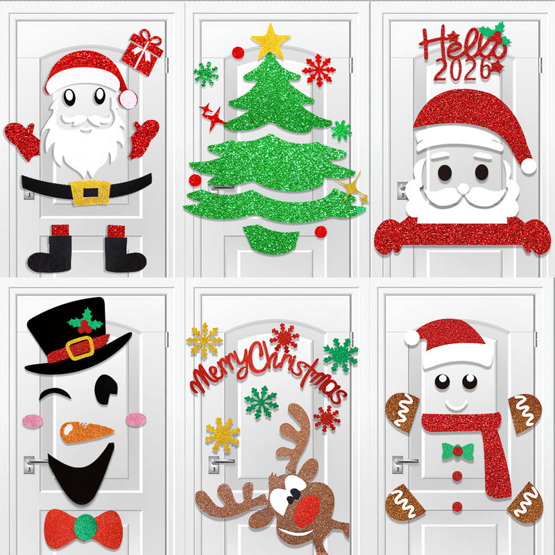 新しいクリスマスの装飾のドアはヘラジカのクリスマスツリーの雪だるまの漫画のフェルトの窓を貼ってクリスマスの家庭の装飾用品を貼ります。|undefined