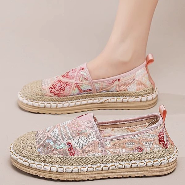 Летняя сетка дышащая маленькая ароматная обувь рыбака женский 2025 новый льняный тканый повседневный старый пекинский тканевой туфли