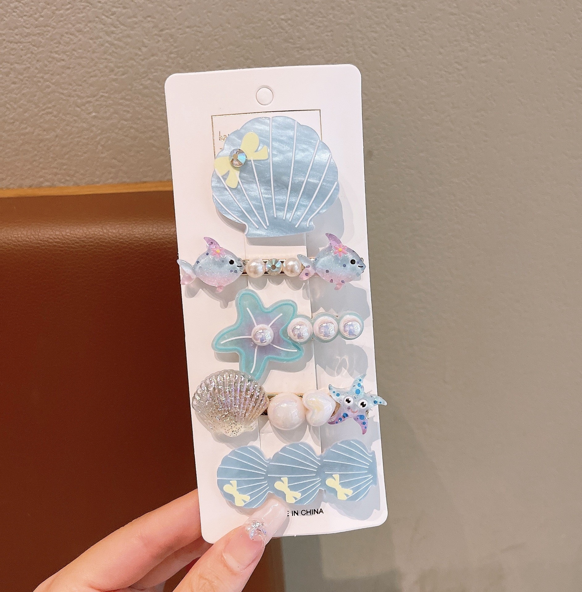 Bonitos pequeños niños frescos clip de pelo conjunto marino viento conchas estrellas perlas tarjetas de pelo princesa niñas al por mayor