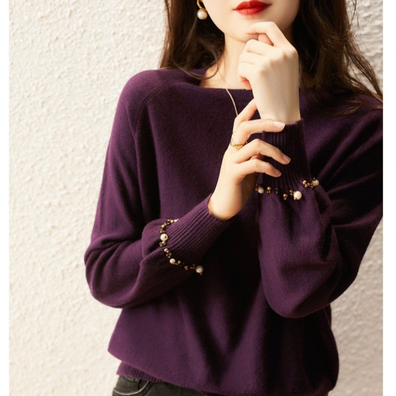 新款女装2023秋冬设计感手工钉珠点缀圆领紫色针织衫