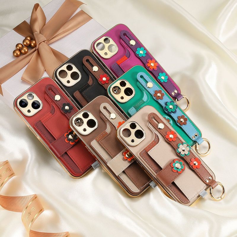 For Apple 16 Electroplated Three-dimensional Flower Phone Case Wrist Strap Safety Buckle iPhone15 Protective Case 14 Wallet Case