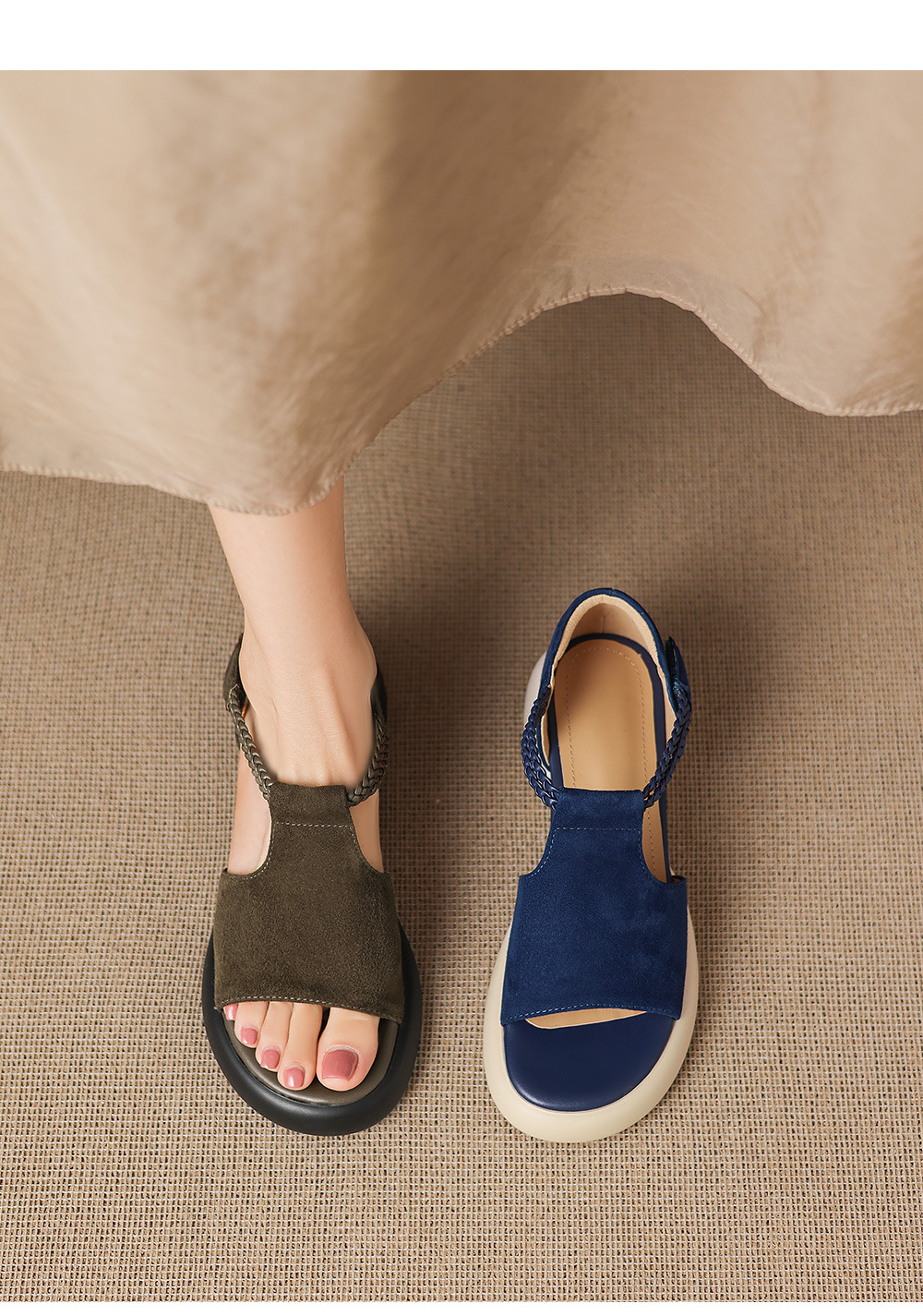 Sandal nữ hở mũi đế dày gót thấp phong cách thể thao, chất liệu da lộn cao cấp — Màu xanh da trời chi tiết 6