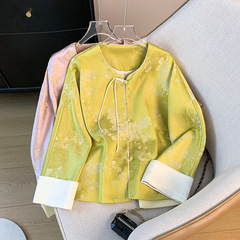 高档新中式东方古韵国风缎面提花长袖织锦重工刺绣改良汉服女上衣