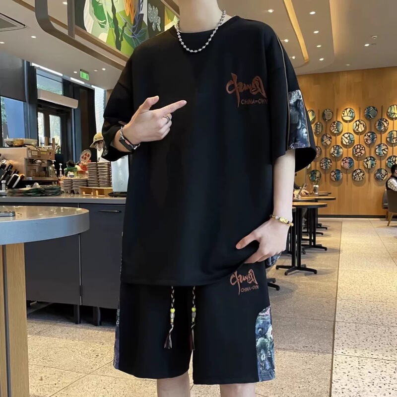 Chinese Style Men's Short-Sleeved T-Shirt and Shorts Set, National Trend Style Two-Piece Set, Summer Extra Large Size Casual Sports Suit