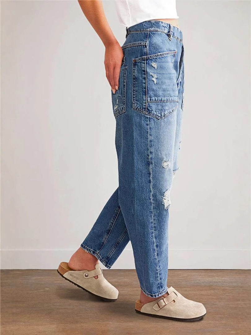 Inventario 2025 nuevo retro retro transfronterizo europeo y americano pantalones rectos casuales empalmados pantalones largos jeans sueltos mujeres