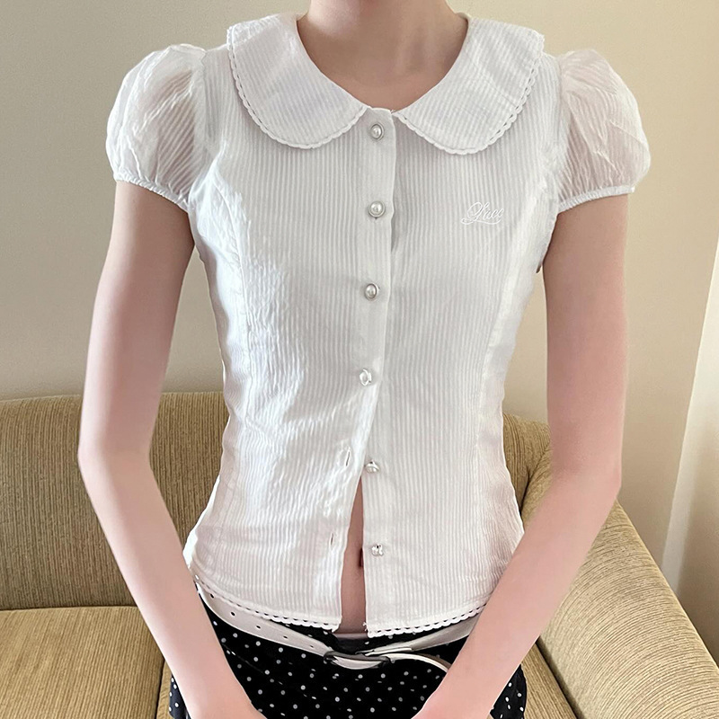 French-Style Court Vintage Slim-Fit Solid Color Button-Up Shirt for Women, Summer Sheer Lightweight Doll Collar Slim-Fit New Top French-Style Court Vintage Slim-Fit Solid Color Button-Up Shirt for Women, Summer Sheer Lightweight Doll Collar Slim-Fit New Top