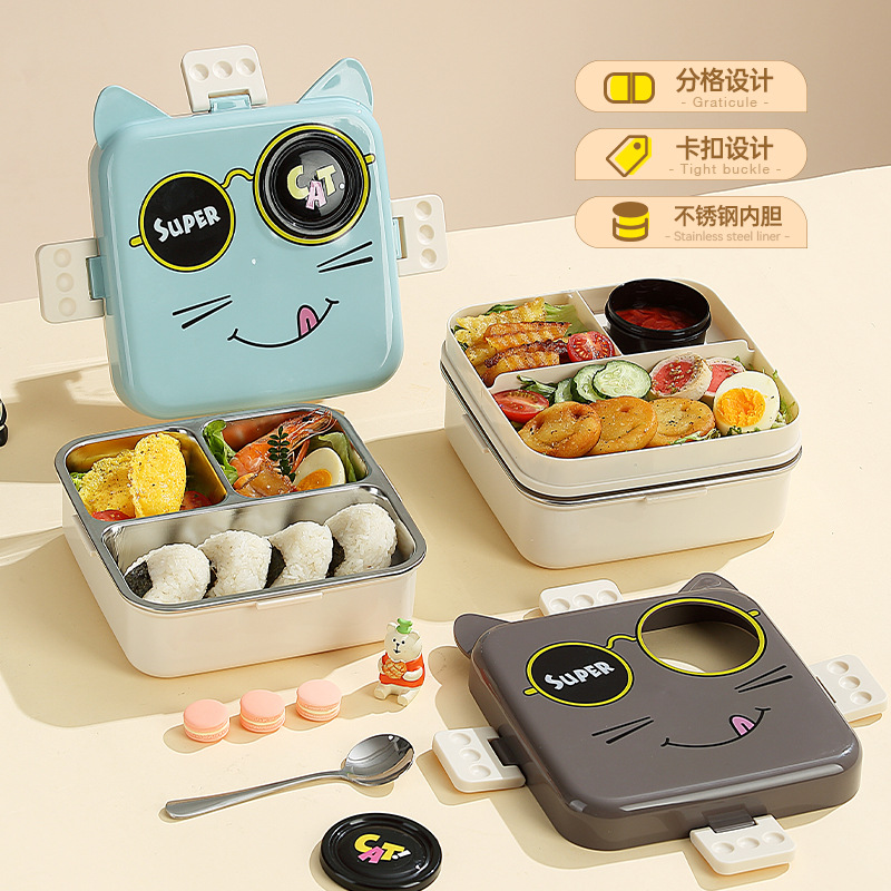 Student Cartoon Cute Kitten Square 304 Stainless Steel Lunch Box Baby Compartmentalized Food Supplement Lunch Box Double Layer Box