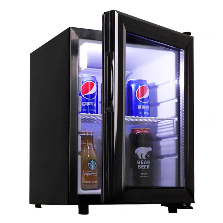 Refrigerador pequeño 21L fresco-mantenimiento vitrina puerta de vidrio congelador pequeño simple y doble cerradura gabinete de muestra de alimentos