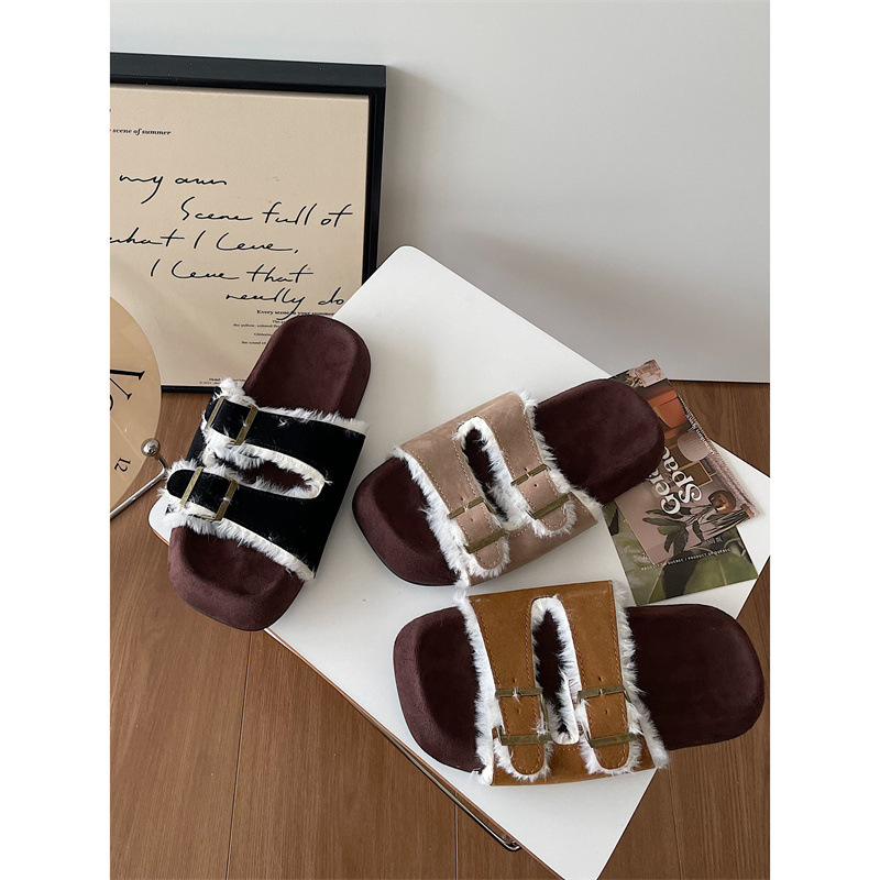 Internet Celebrity Thick-soled Fur Slippers For Women To Wear Outside Autumn And Winter Non-slip Super Popular Fashion Home Cotton Slippers