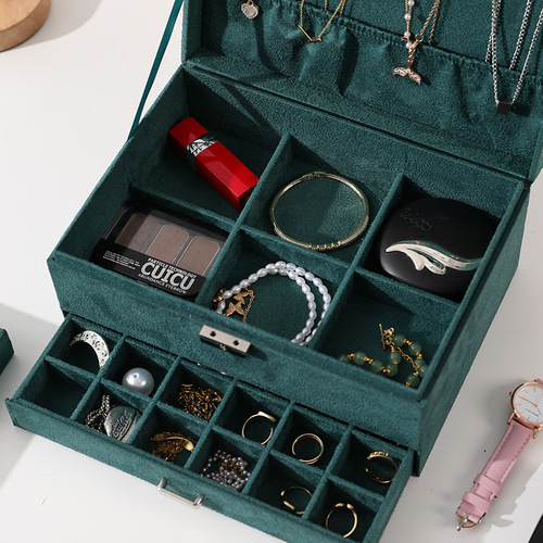 TEMU Plush Fabric Jewelry Box with Three Layers and Lock, Necklace Storage Box, Watch, Earrings, Ear Pins, Ring Box, Large Capacity