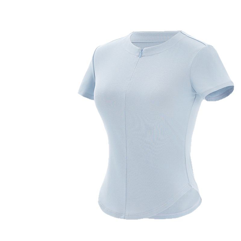 Ropa de yoga para mujeres adultas verano cuello redondo cremallera estilo traje de manga corta simple color sólido transpirable ropa de práctica superior