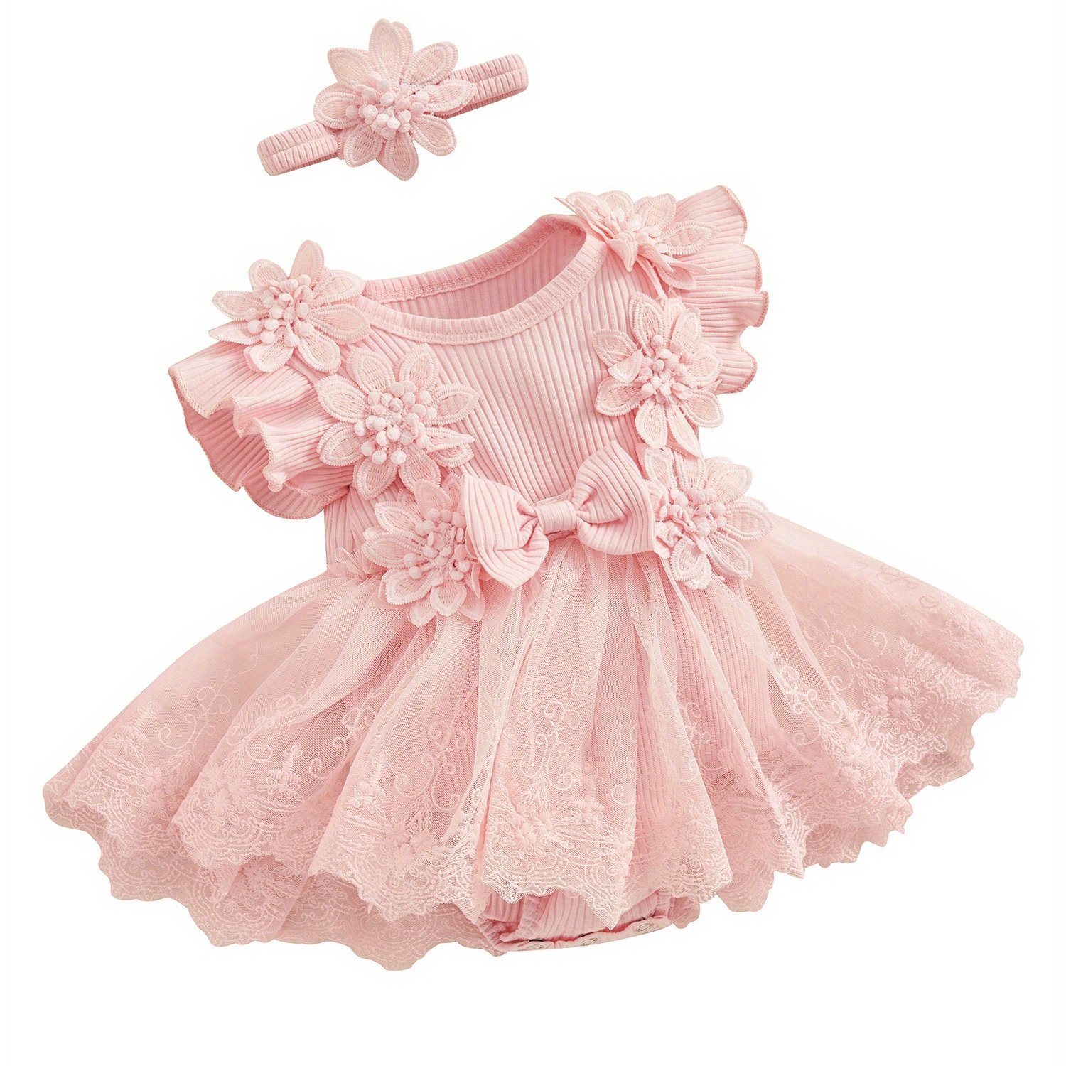 Baby Girl 2pcs Outfits Mesh Lace Patchwork Ruffle Romper transfronterizo