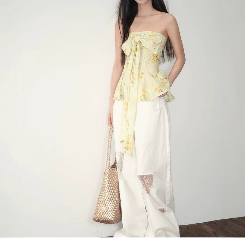 Soote Season Original Yellow Holiday Atmosphere Floral Elastic Bow Elastic Slim Tube Top