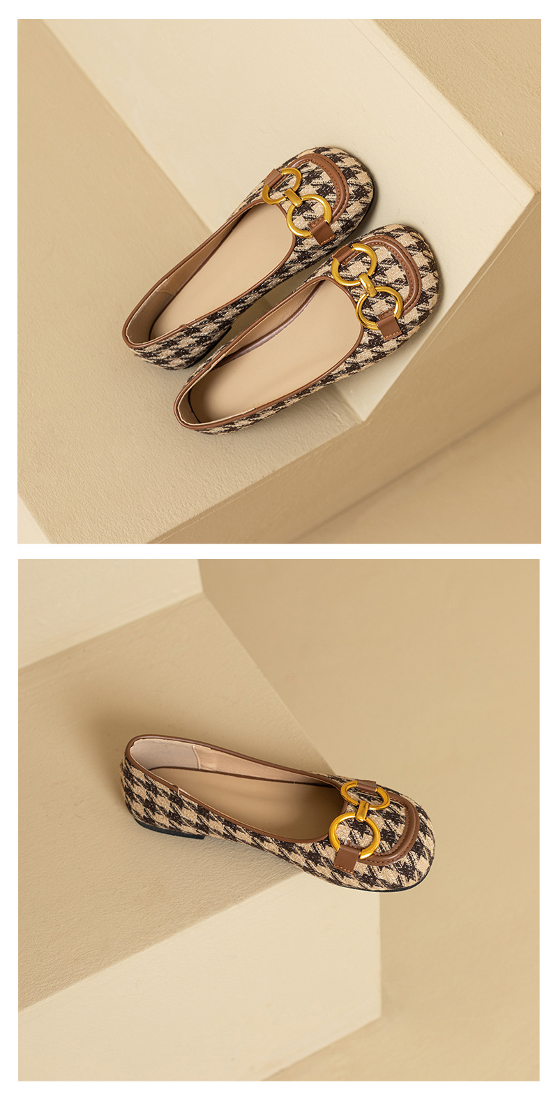 Damen Retro Karo Moccasins Mit Eckiger Kappe Und Schnalle_voghion.com