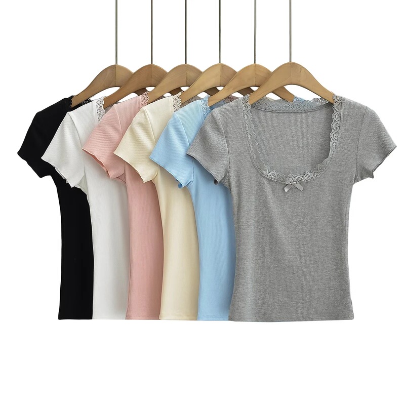 Spice Girls Pure Desire Style Lace Square Collar Short-sleeved T-shirt Women's 2024 New Summer Slim-fit Slimming Base Top