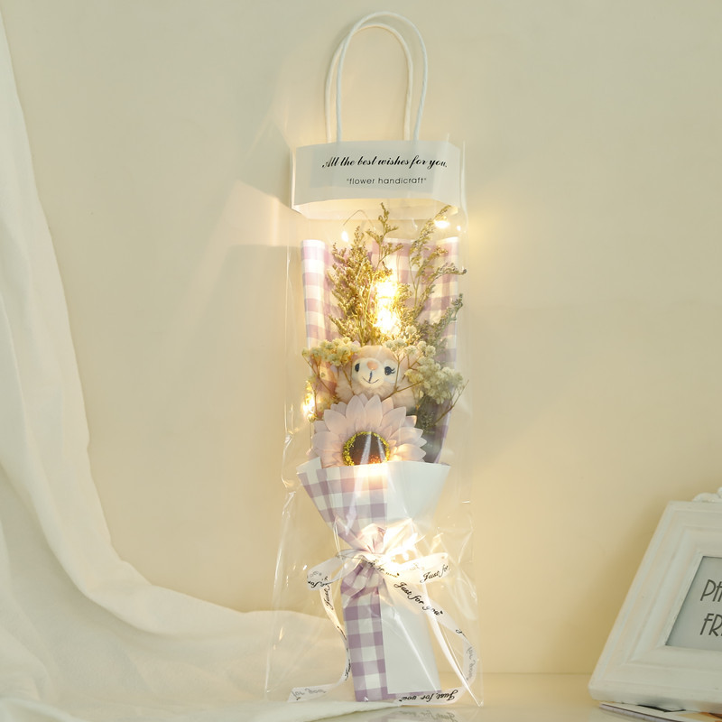 보라색 격자 무늬. 링나 벨 + 퍼플 해바라기 [램프가있는 선물 가방]