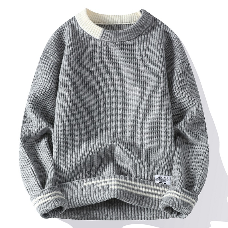 Foreign trade autumn and winter men's long-sleeved round neck inlaid color thick needle pullover trendy youth men's casual sweater