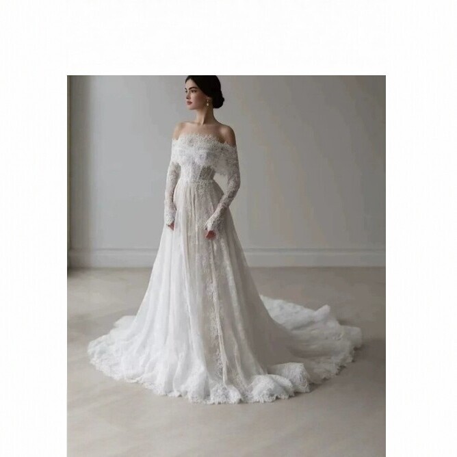 2026 new French-style one-shoulder long-sleeved lace wedding dress, featuring a vintage design, a flowing skirt, and a train 2026 new French-style one-shoulder long-sleeved lace wedding dress, featuring a vintage design, a flowing skirt, and a train