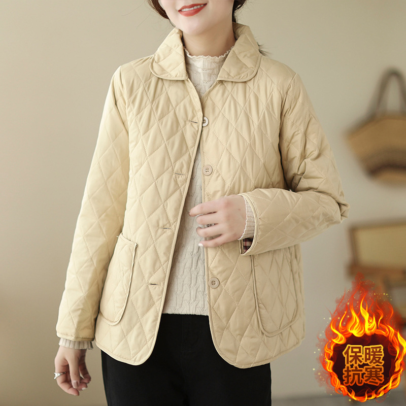 2026 봄 가을 신상 얇은 다운 코튼 재킷 봄 겨울 스타일 스탠드 칼라 마름모 무늬 따뜻한 겨울 여성용 짧은 재킷