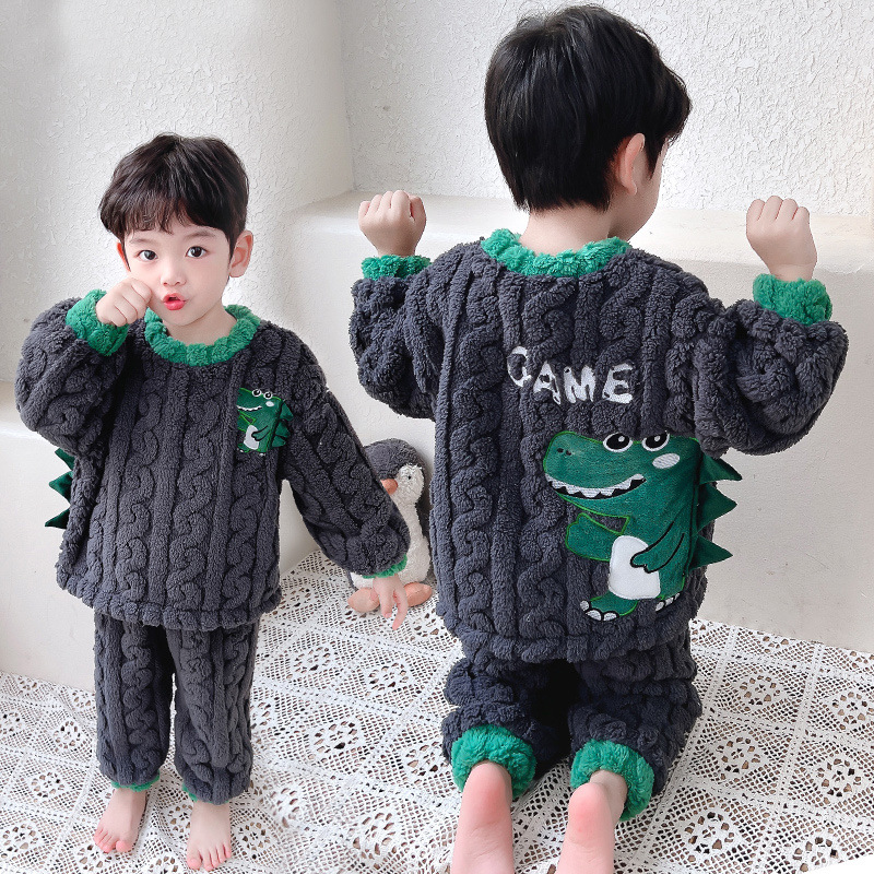 공룡 소년 잠옷 플란넬 가을과 겨울 키즈 소년  산호 양털 어린이 두꺼운 홈 옷 세트