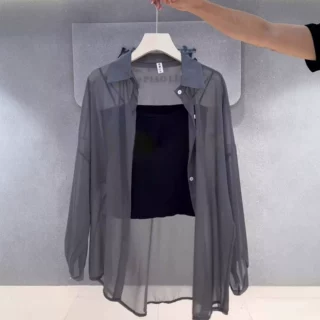 别致漂亮灰色雪纺上衣女2026年夏季薄款高级感冰丝衬衫防晒服高端