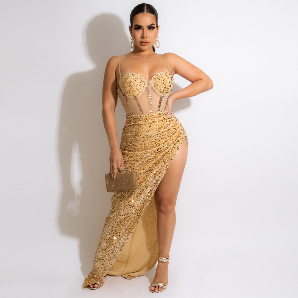 392g Weight Maxi Long Dress Dress Length Type Sleeveless Sleeve Length Wholesale Women'S Fashion Sequins Solid Color Daily V Neck Sleeveless Irregular Skirt
