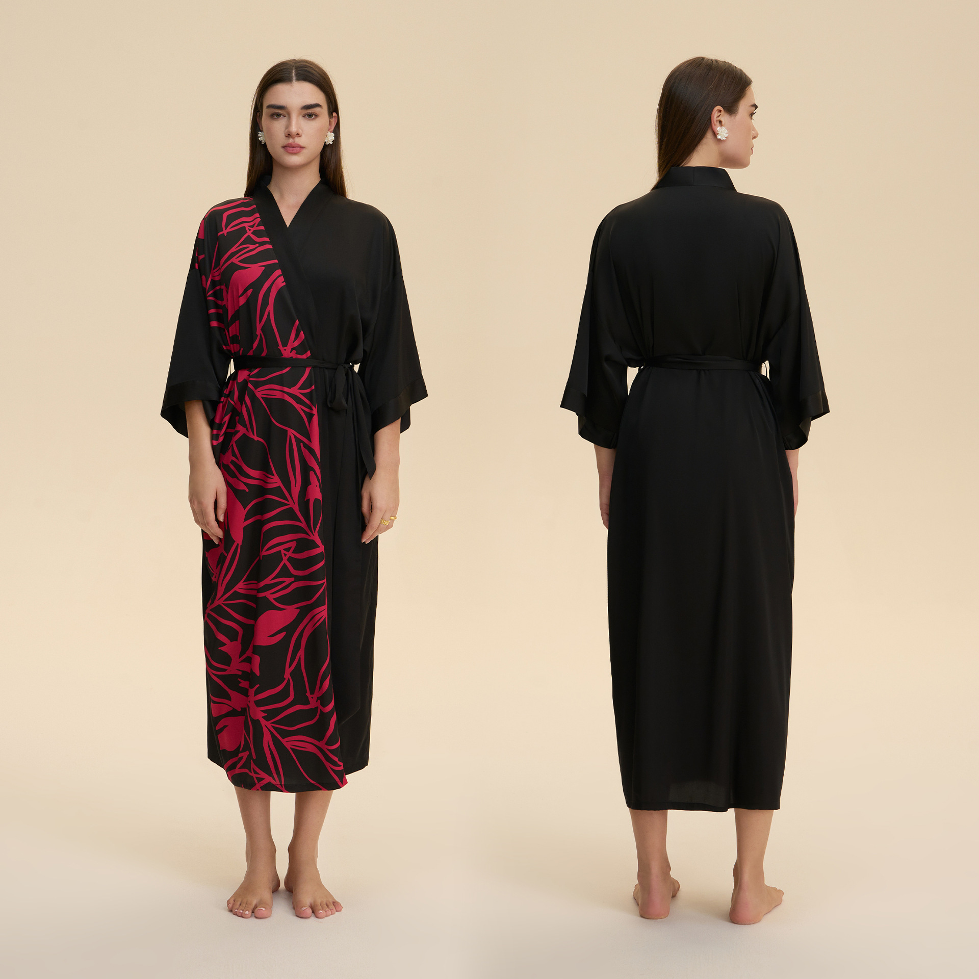 Nuevo pijama de tamaño grande transfronterizo mujer satén suave chiffon kimono cuello bata larga ropa de casa WP3975