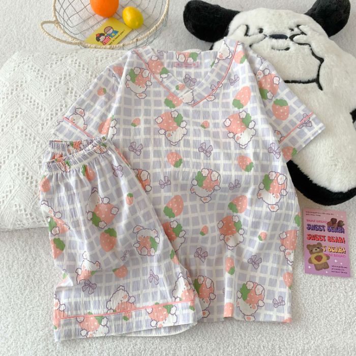 Al por mayor transfronterizo verano nubes pijamas de algodón de cuello en V de mujer pantalones cortos de manga corta lindos dibujos animados se pueden usar con ropa de casa