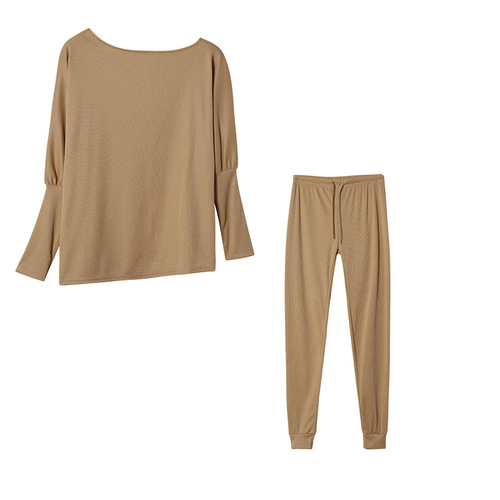 Europe and America hot sale pure color fashionable casual lacing one-word oblique shoulder sports pants long suit for women