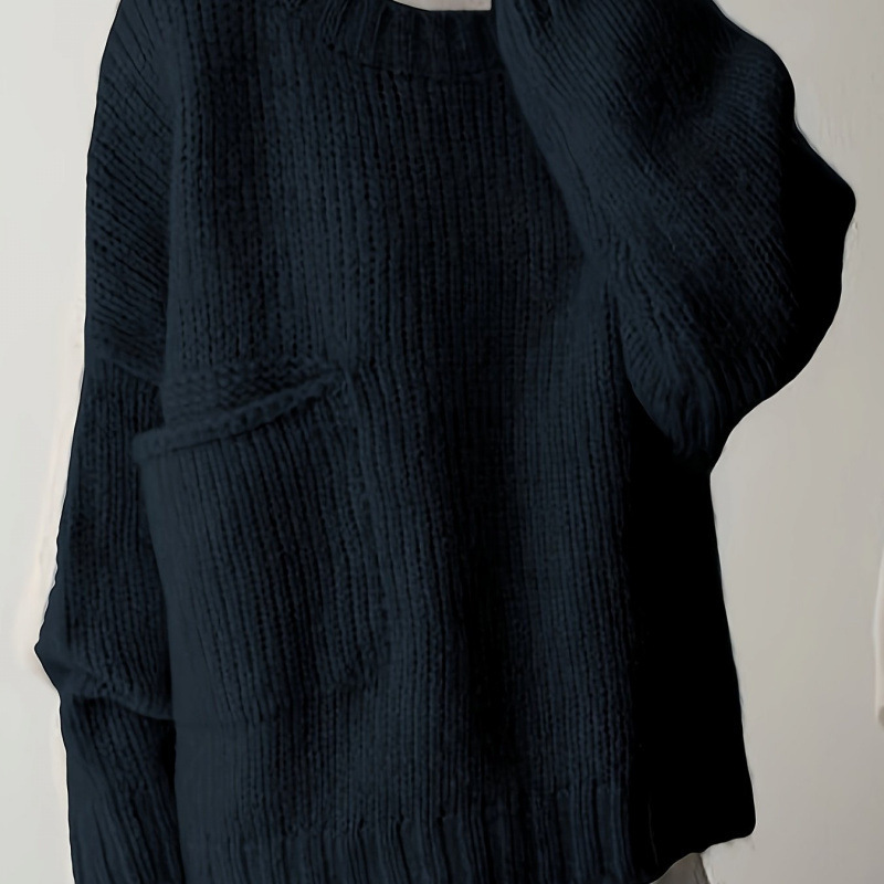 Plus Size Solid Pocket Crew Neck Sweater Casual Long Sle跨境|undefined