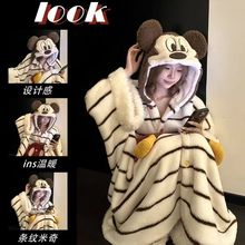 可爱米奇女士睡衣秋冬季加厚珊瑚绒连帽中长款睡袍可外出家居服