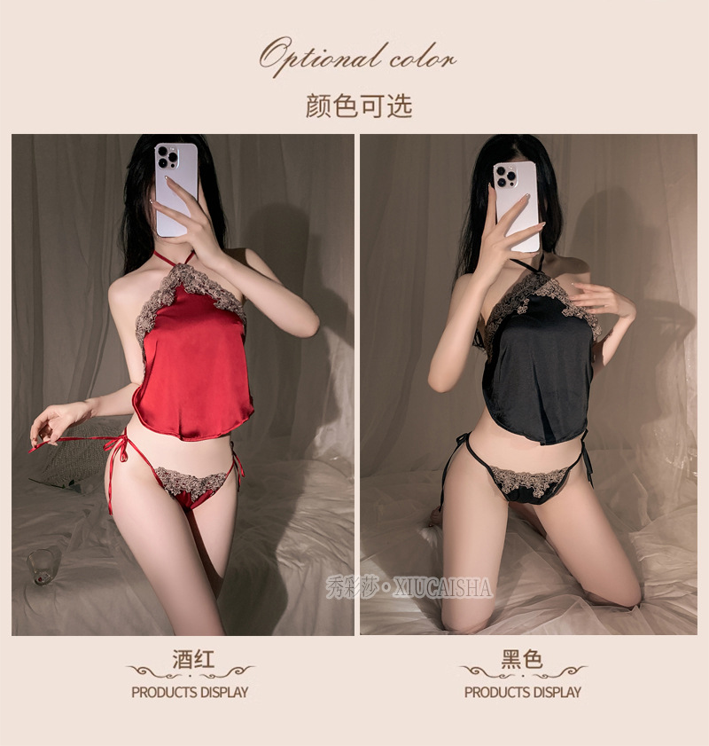 Retro Lace-up Bellyband Pajama Set with Matching Briefs, Wine Red Polyester — detail image 8