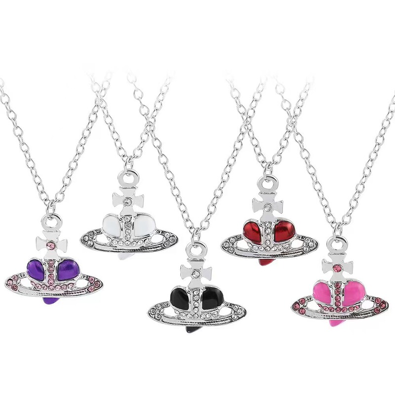 Cross-Border Hot-Selling Queen Mother of the West Painted Diamond Love Pendant Saturn Necklace Chain Female Vivian Same Style Personality