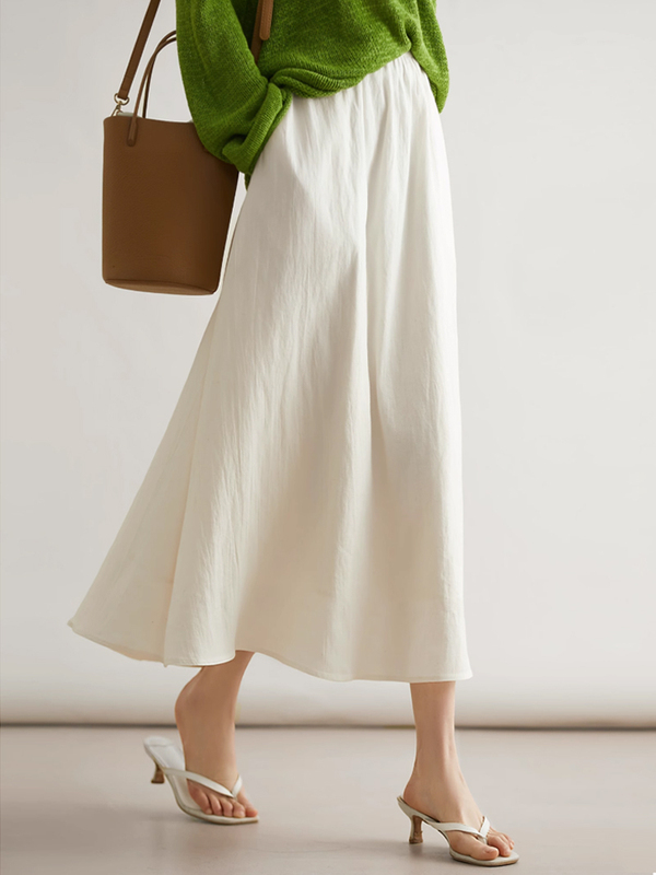 Elegant and Versatile White Silk Elastic Waist Mid-Length A-Line Skirt for Women, Summer Slimming and Flattering Elegant and Versatile White Silk Elastic Waist Mid-Length A-Line Skirt for Women, Summer Slimming and Flattering
