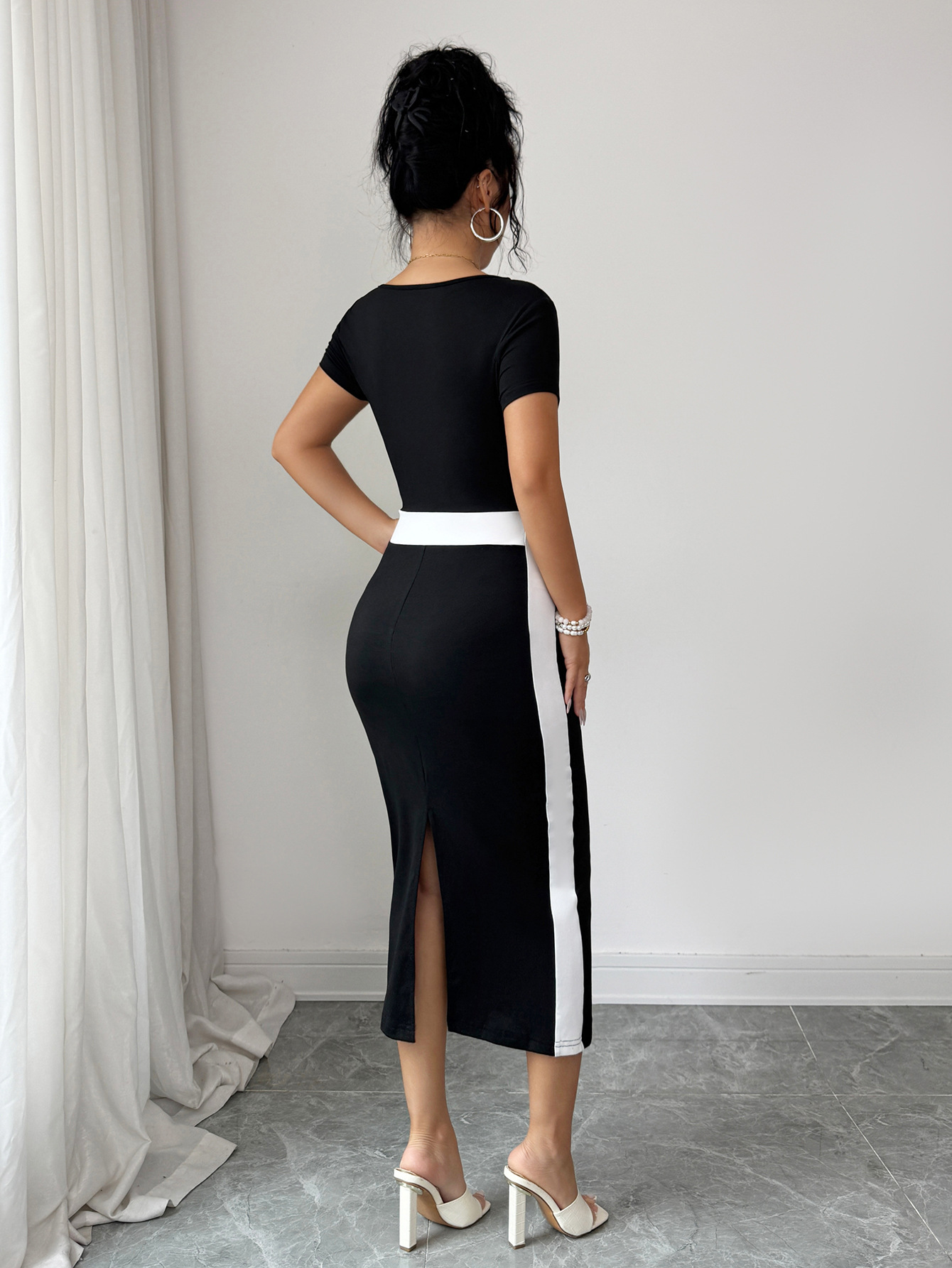 Women's Elegant Sophisticated Dress Slanted Neck Color Block Design Spring Summer Both Style And Comfort_ecoleips.com