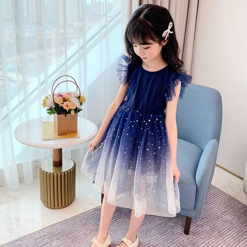 Girls summer new style 2024 western style starry sky gradient short-sleeved dress princess skirt tutu skirt children's skirt