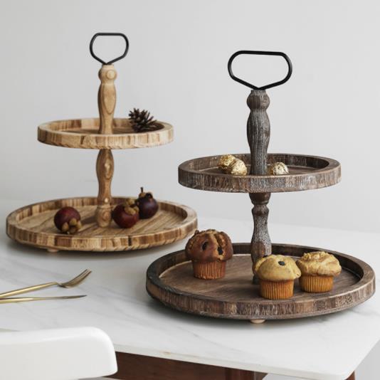 Wooden Double-layer Tray with Metal Handle Wooden Plate Cake Display Rack Dessert Table European-style Round Solid Wood Tray
